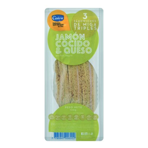 Sandwich Triple de Miga Salvado Jamón Cocido y Queso 120 Gr.