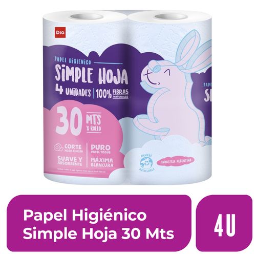 Papel Higiénico Simple Hoja 30 mts 4 Ud.