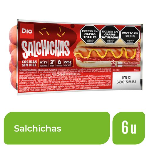 Salchichas Dia Cocidas sin Piel x 6 Uds.