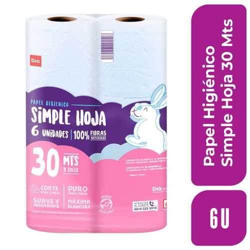 Papel Higiénico Simple Hoja 30 mts 6 Ud.