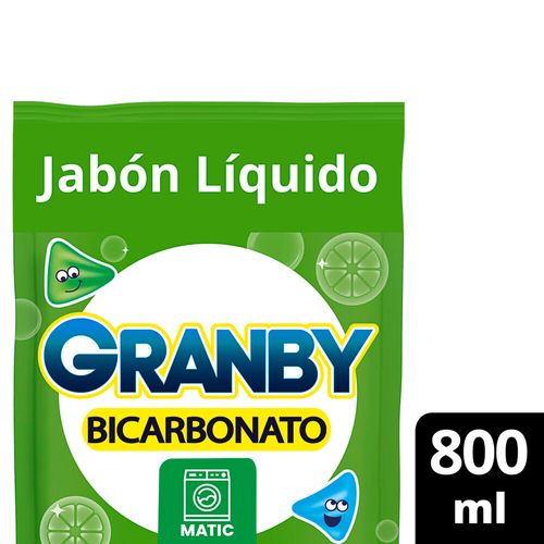 Jabón Líquido para lavar ropa Granby Bicarbonato Baja Espuma de Limón 800 Ml.