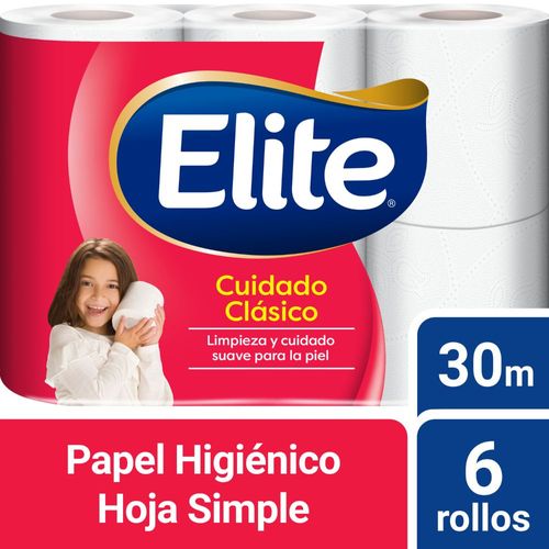 Papel Higiénico Elite Cuidado Clásico Hoja Simple 30 M 6 Ud.